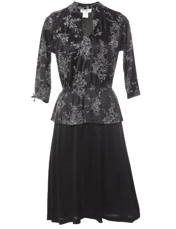 Floral Print Black & Grey V-Neck Evening Dress - M