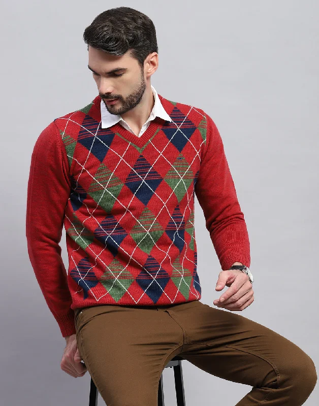 Men Red Geometric V Neck Full Sleeve Pullover