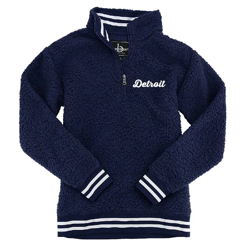 Ladies Detroit Thirsty Script Sherpa 1/4 zip (Navy Blue)