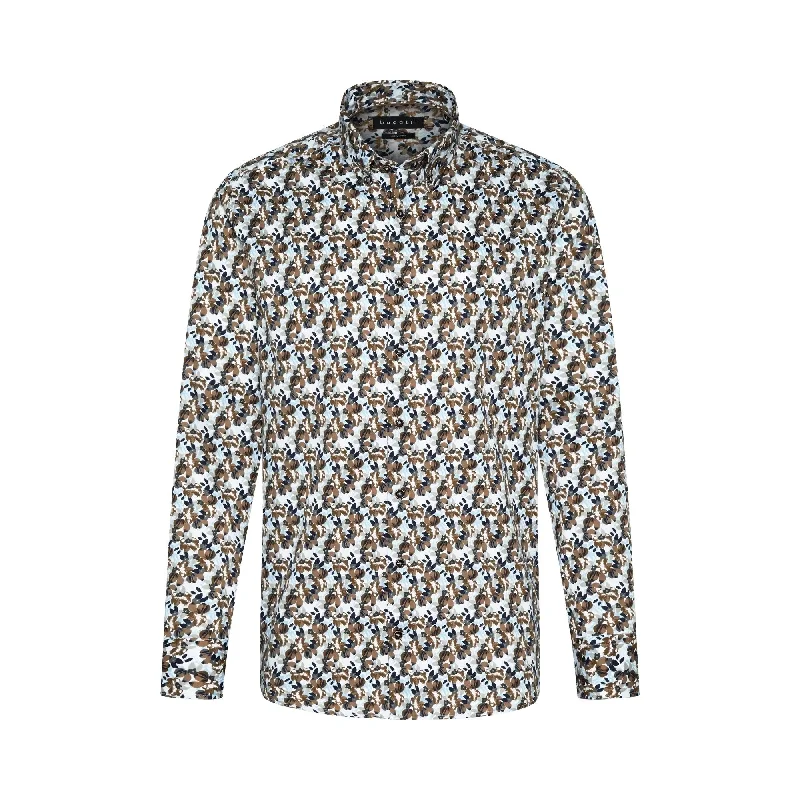 BUGATTI Men's Printed Long Sleeve Shirt CHARCOAL/YELLOW/MULTI