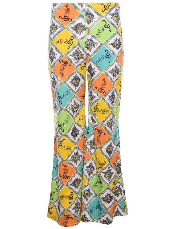 Floral & Argyle Print 1970s Multi-Colour Flared Trousers - W28 L30