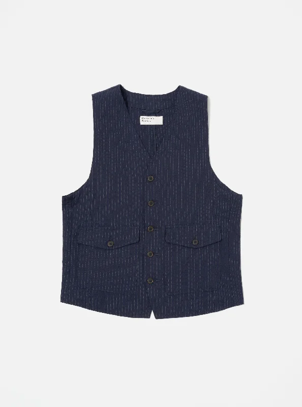 Universal Works Field Waistcoat in Navy Cotton Pinstripe