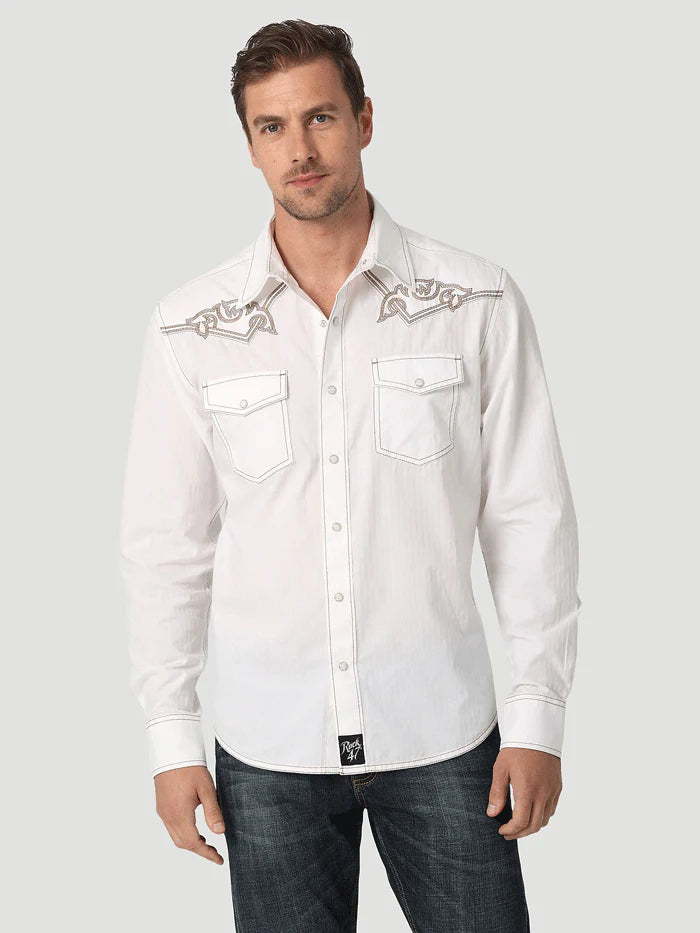 Wrangler Mens Rock 47 Snap Long Sleeve Shirt White