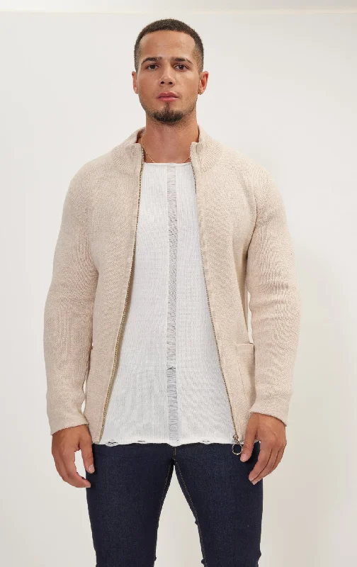 Zipper Up Cardigan - Beige