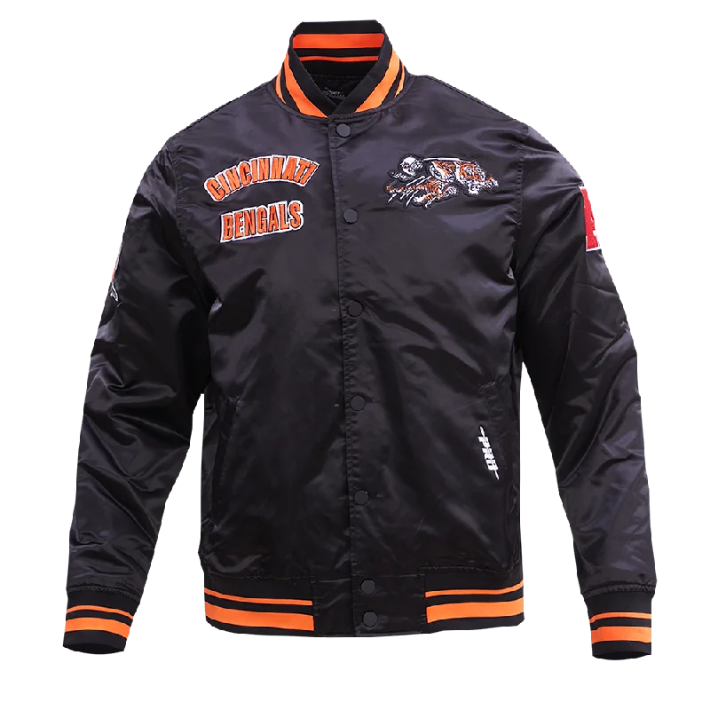 NFL CINCINNATI BENGALS RETRO CLASSIC MEN'S RIB SATIN JACKET (BLACK/ORANGE)