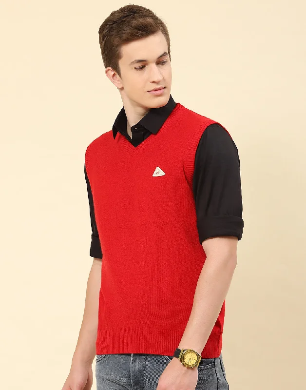 Men Red Solid V Neck Sleeveless Sweater