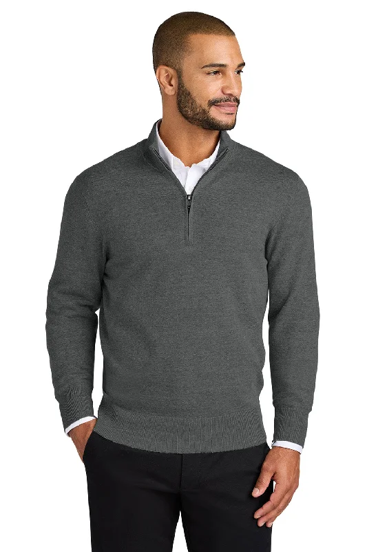 Port Authority Mens Easy Care Long Sleeve 1/4 Zip Sweater - Heather Charcoal Grey - New