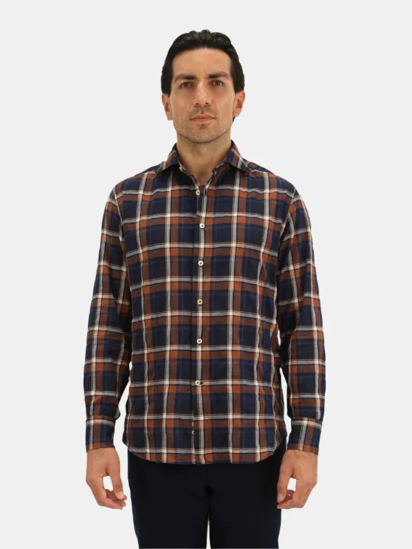 Tobacco & Navy Madras Spread Collar Shirt