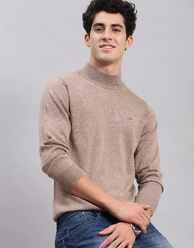 Men Brown Solid T Neck Full Sleeve Sweaters/Pullovers