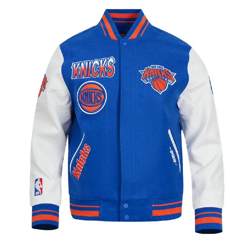 NBA NEW YORK KNICKS TURN IT UP MEN'S RIB WOOL VARSITY JACKET (ROYAL/ORANGE/ROYAL)