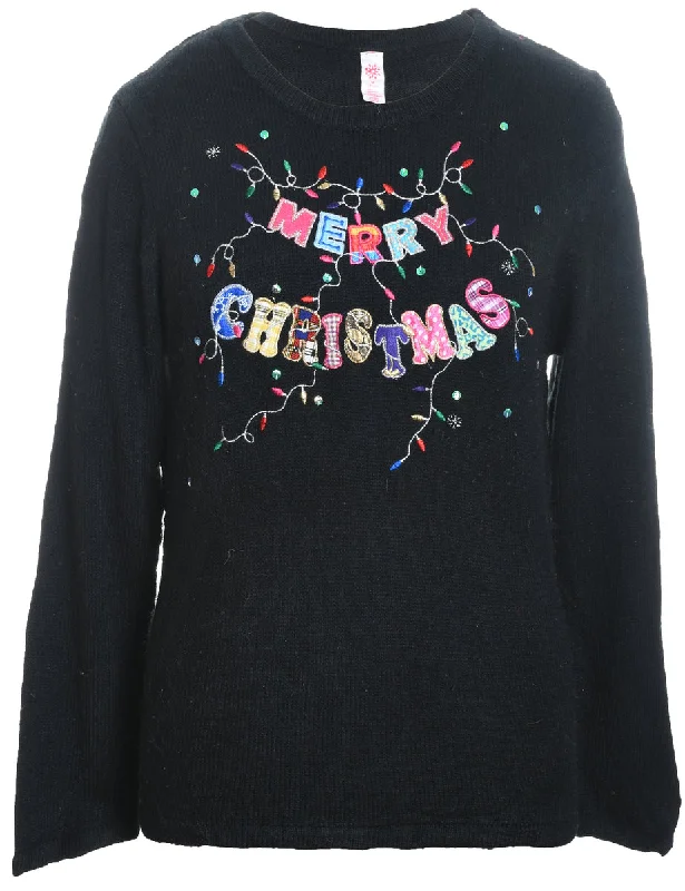 Festive Season Black Embroidered Christmas Jumper - M