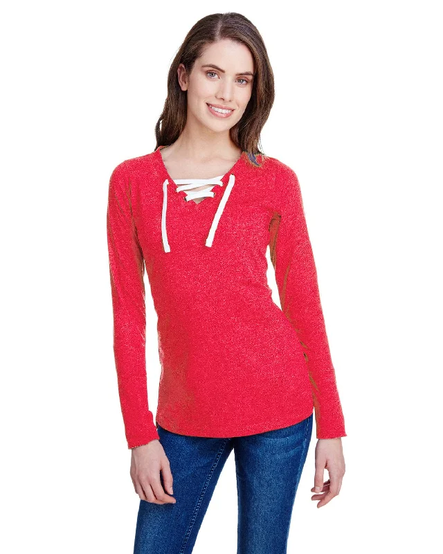 LAT Ladies Long Sleeve Fine Jersey Lace-Up T-Shirt | Vintage Red/ Wht