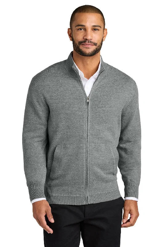 Port Authority Mens Easy Care Long Sleeve Full Zip Sweater w/ Pockets - Heather Medium Grey - New