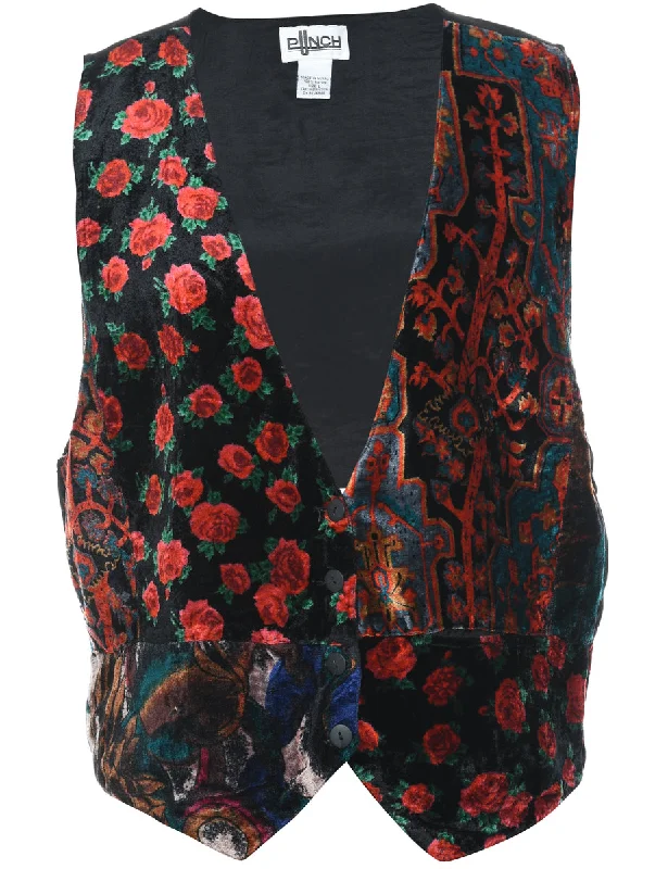 Floral Pattern Multi-Colour Velvet Waistcoat - L