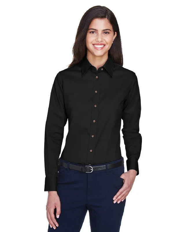 Harriton Ladies Long Sleeve Stain-Release Twill Shirt | Black