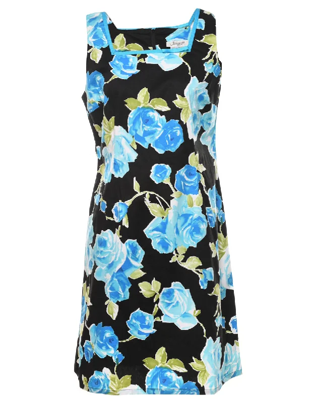 Floral Print Sleeveless Black & Blue Dress - M