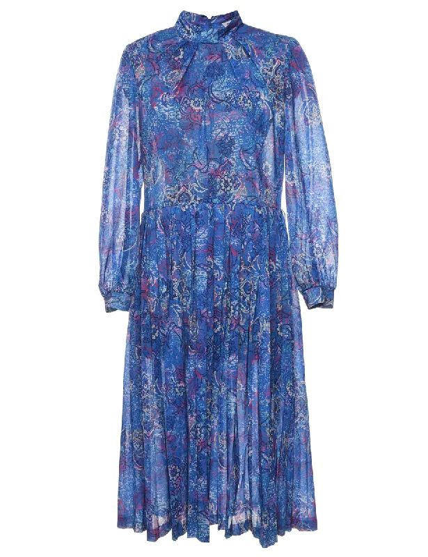 Floral Print Pleated Blue High Neck Maxi Dress - M