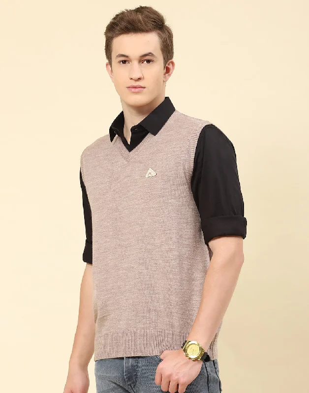 Men Grey Solid V Neck Sleeveless Sweater