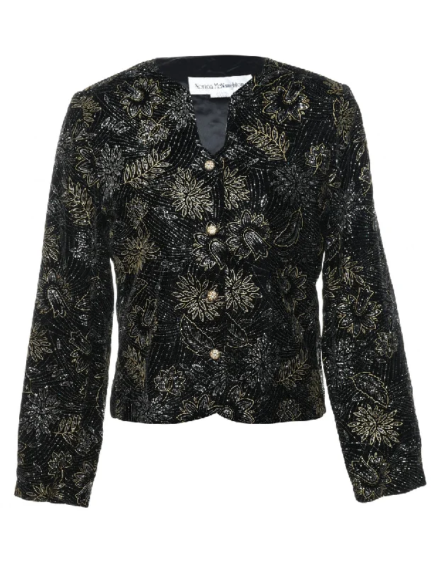 Floral Pattern Velvet Sparkly Evening Jacket - M