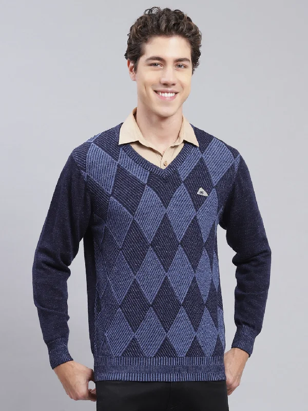 Men Navy Blue Printed Pure wool Pullover