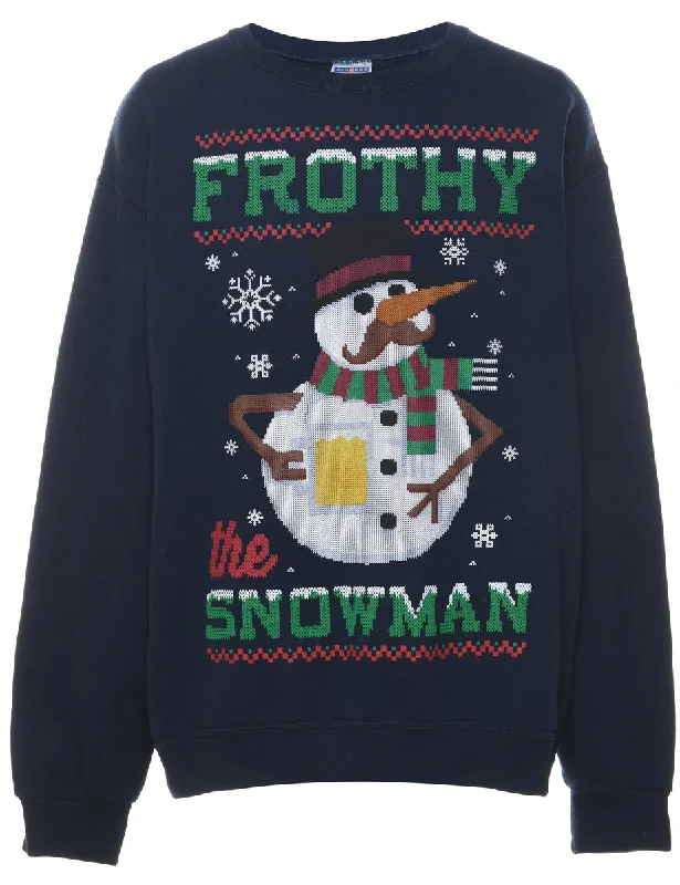 Frothy Snowman Navy Christmas Sweatshirt - L