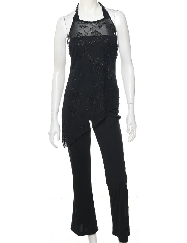 Floral Pattern Black Sparkly Halterneck Jumpsuit - S