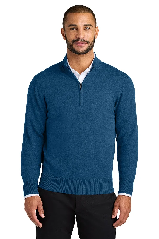 Port Authority Mens Easy Care Long Sleeve 1/4 Zip Sweater - Heather Aegean Blue - New