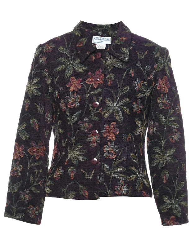 Floral Pattern Black & Purple Tapestry Jacket - S