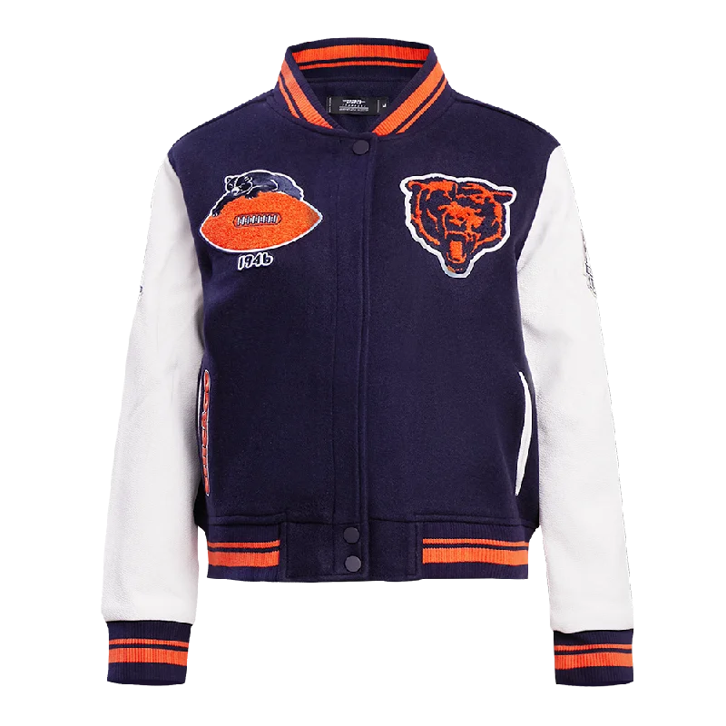 NFL CHICAGO BEARS RETRO CLASSIC WOMEN'S RIB WOOL VARSITY JACKET (MIDNIGHT NAVY/ORANGE/MIDNIGHT NAVY)