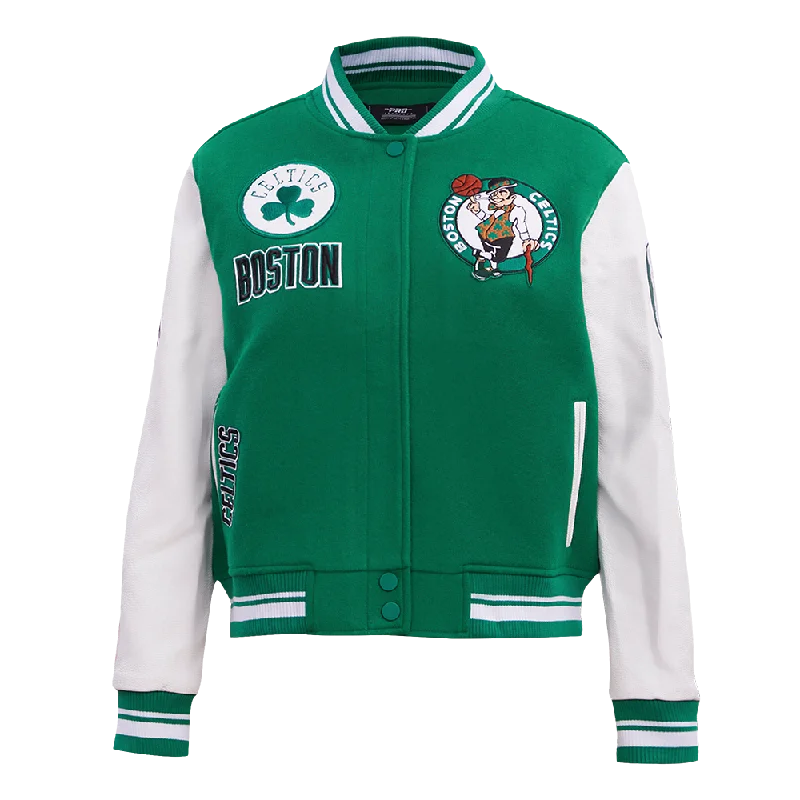 NBA BOSTON CELTICS RETRO CLASSIC WOMEN'S RIB WOOL VARSITY JACKET (KELLY GREEN/ WHITE)