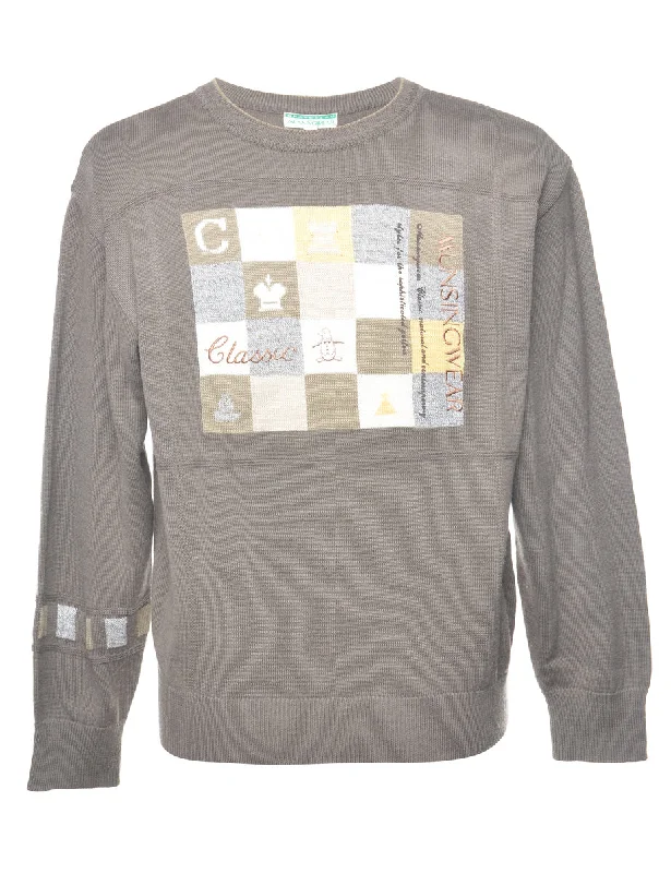 Fine Knit Grey Embroidered Jumper - L