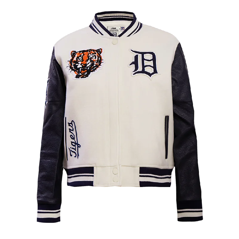 MLB DETROIT TIGERS RETRO CLASSIC WOMEN'S RIB WOOL VARSITY JACKET (EGGSHELL/MIDNIGHT NAVY)