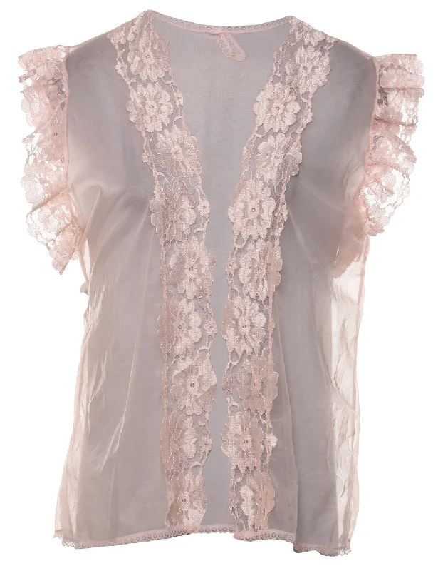 Floral Lace Trim Peach Sheer Bed Jacket - L