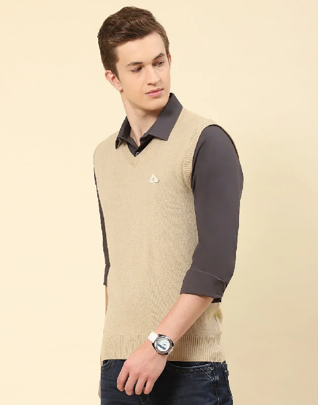 Men Camel Brown Solid V Neck Sleeveless Sweater