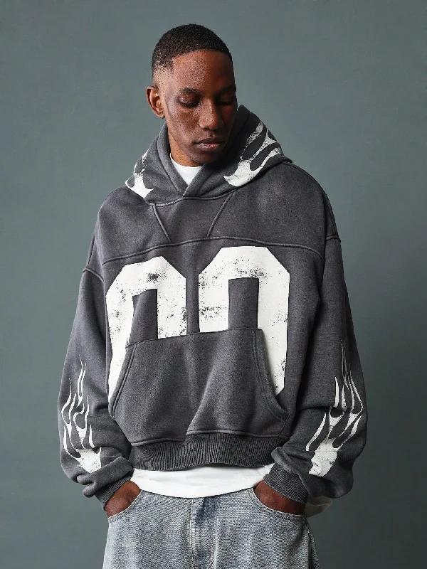 Washed Crop Hoodie With Flame & Number Graphic Print