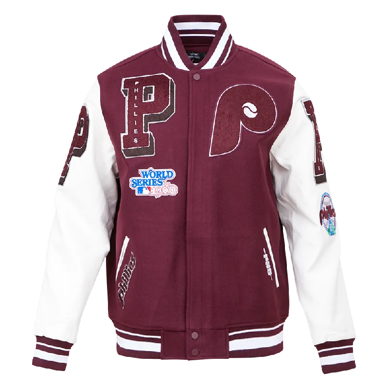 MLB PHILADELPHIA PHILLIES RETRO MASHUP MEN'S RIB WOOL VARSITY JACKET (WINE/WHITE)