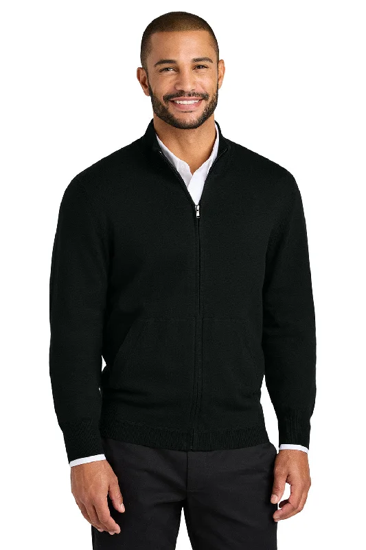 Port Authority Mens Easy Care Long Sleeve Full Zip Sweater w/ Pockets - Deep Black - New