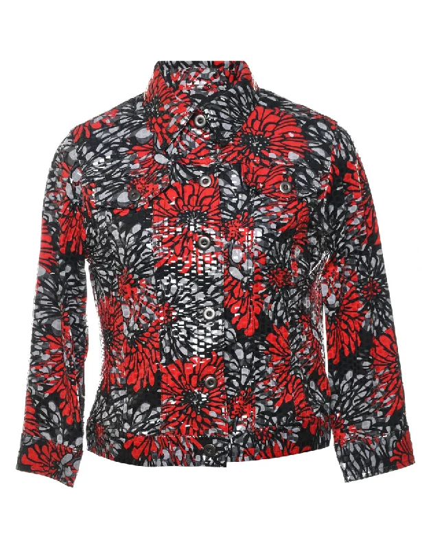 Floral Pattern Red & Black Sparkly Evening Jacket - S