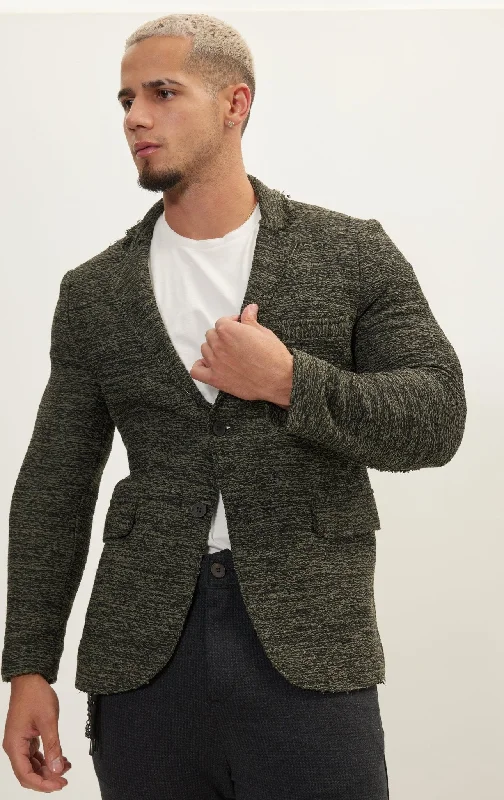 Raw Edge Fitted Cardigan - Khaki Black