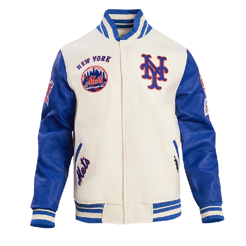 MLB NEW YORK METS RETRO CLASSIC MEN'S RIB WOOL VARSITY JACKET (EGGSHELL/ ROYAL BLUE)