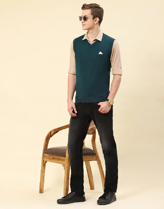 Men Teal Blue Solid V Neck Sleeveless Sweater