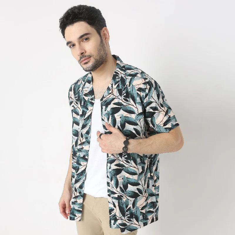 Retreat Shirts - 100% Rayón Regular Fit Printed Cuban Collar Shirt