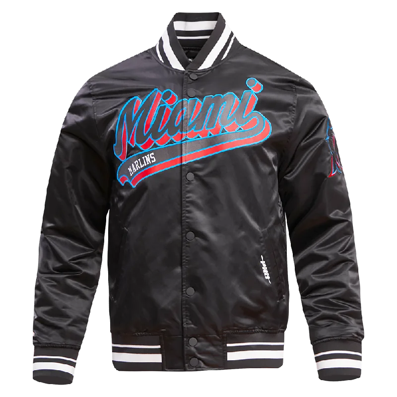 MLB MIAMI MARLINS SCRIPT TAIL MEN'S SATIN JACKET (BLACK)