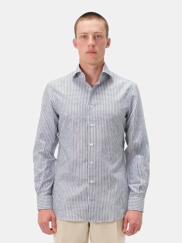 Deep Blue Candy Stripe Chambray Cotton Linen Blend Cutaway Collar Shirt