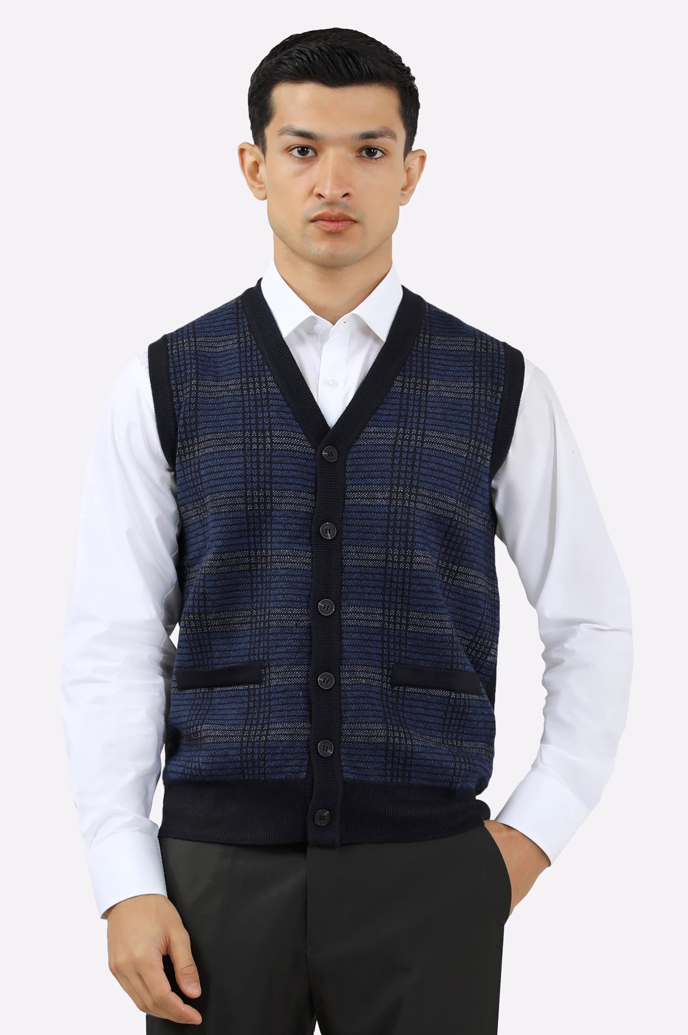 Men Dark Blue Sleeveless Cardigan