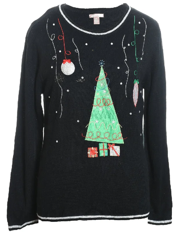 Festive Season Black Embroidered Design Jumper - L