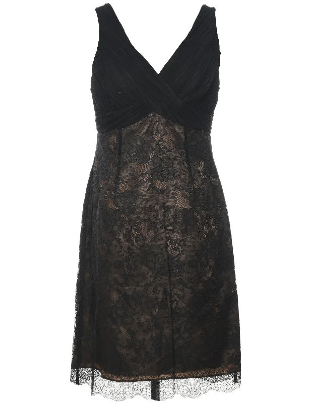 Floral Lace Black Sleeveless Evening Dress - L