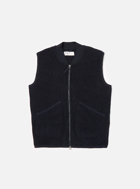 Universal Works Zip Waistcoat in Navy Wool Fleece