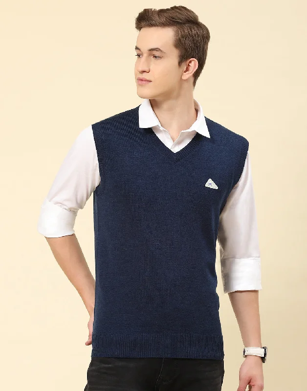 Men Blue Solid V Neck Sleeveless Sweater