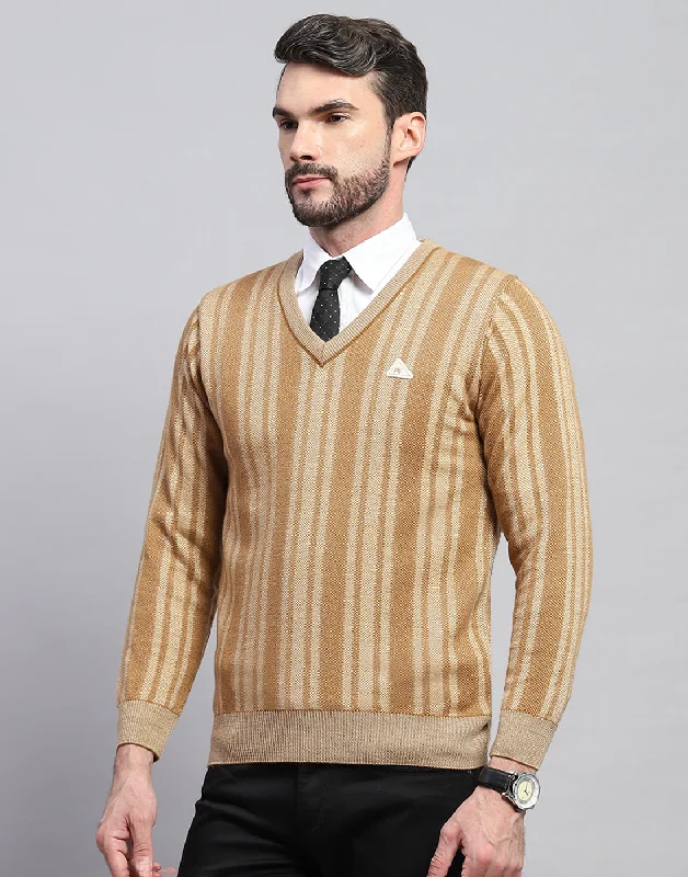 Men Beige Stripe V Neck Full Sleeve Pullover